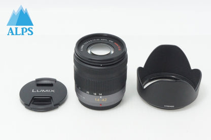 美品 Panasonic LUMIX G VARIO 14-42mm F3.5-5.6 ASPH. MEGA O.I.S H-FS014042 マイクロフォーサーズ フード付 260620ag