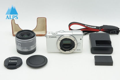 美品 Canon EOS M100 + EF-M 15-45mm IS STM レンズキット ミラーレス一眼カメラ ホワイト ボトムカバー付 260123ar