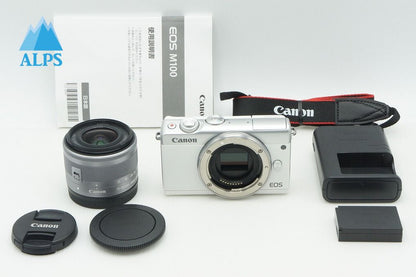 美品 Canon キヤノン EOS M100 ボディ + EF-M 15-45mm IS STM レンズキット ミラーレス一眼カメラ ホワイト 260205ag