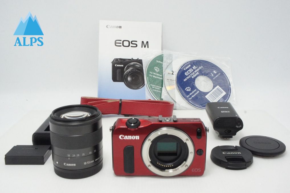 美品 Canon EOS M ボディ + EF-M 18-55mm IS STM レンズキット ミラーレス一眼カメラ レッド SPEEDLITE 90EX付 260513al