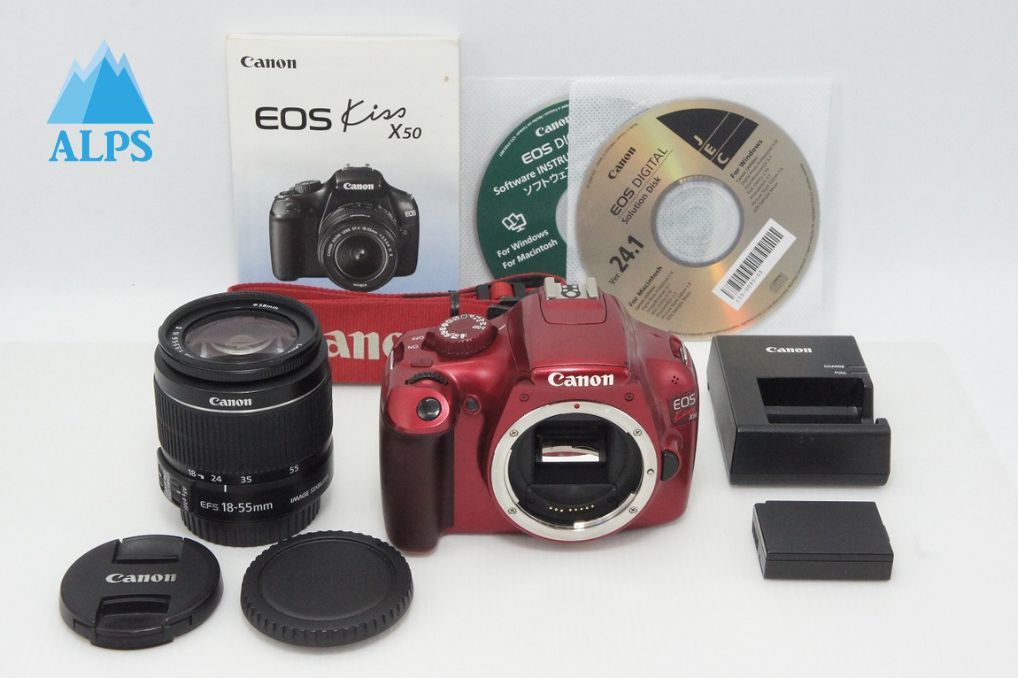 良品 Canon キヤノン EOS Kiss X50 ボディ + EF-S 18-55mm IS II レンズキット デジタル一眼レフカメラ レッド 260521a