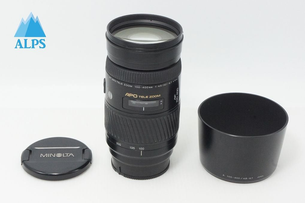 良品 MINOLTA AF APO TELE ZOOM 100-400mm F4.5-6.7 SONY αマウント フルサイズ ズームレンズ フード付 260602b