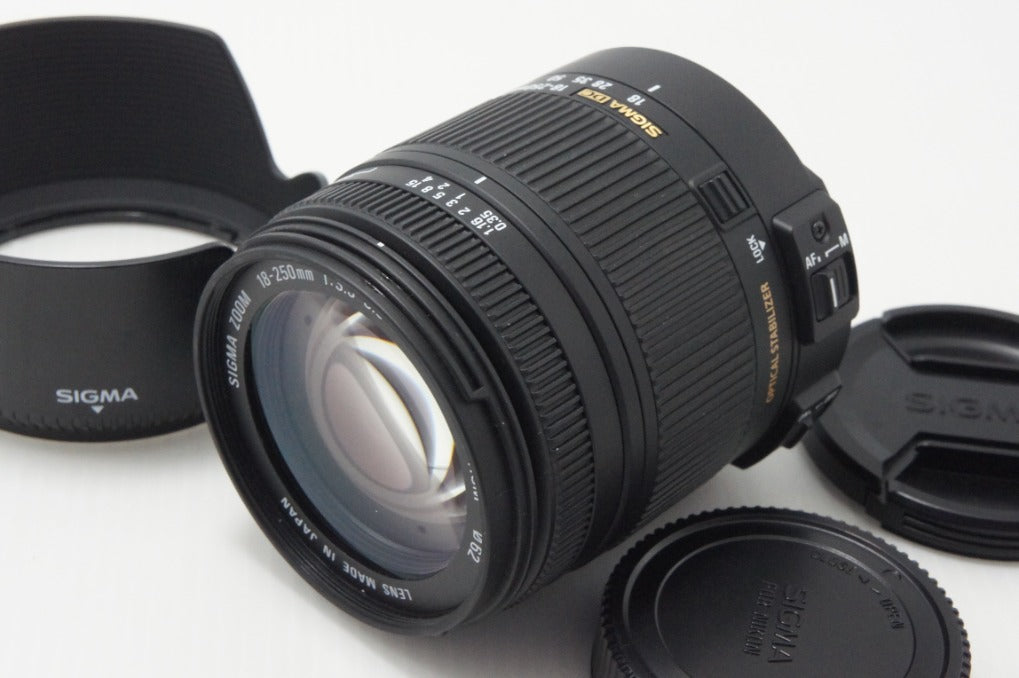 美品 SIGMA シグマ 18-250mm F3.5-6.3 DC MACRO OS HSM Nikon ニコン Fマウント APS-C ズームレンズ フード付 260717a