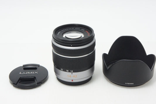 美品 Panasonic LUMIX G VARIO 14-42mm F3.5-5.6 ASPH. MEGA O.I.S H-FS014042 マイクロフォーサーズ フード付 260727m