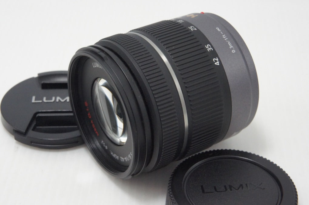 美品 Panasonic LUMIX G VARIO 14-42mm F3.5-5.6 ASPH. MEGA O.I.S H-FS014042 マイクロフォーサーズ フード付 260728q