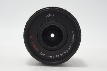 美品 Panasonic LUMIX G VARIO 14-42mm F3.5-5.6 ASPH. MEGA O.I.S H-FS014042 マイクロフォーサーズ フード付 260728q