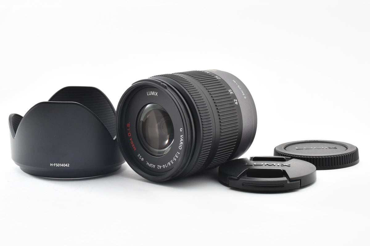 美品 Panasonic LUMIX G VARIO 14-42mm F3.5-5.6 ASPH. MEGA O.I.S H-FS014042 AFレンズ マイクロフォーサーズ フード付 260921r