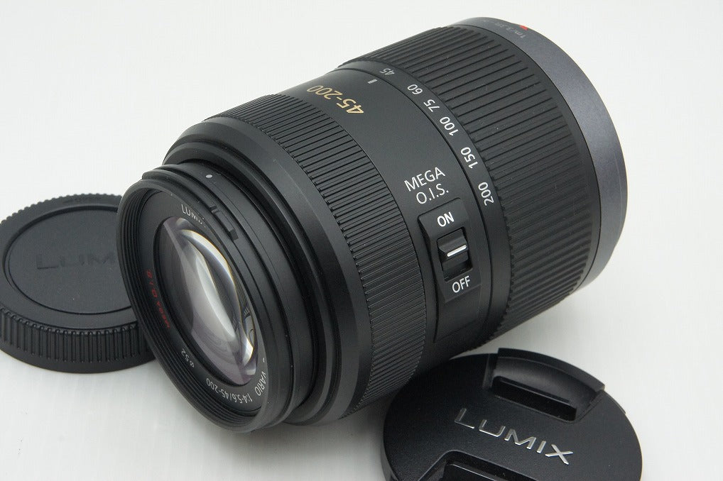 美品 Panasonic LUMIX G VARIO 45-200mm F4-5.6 MEGA O.I.S. H-FS045200 マイクロフォーサーズ フード付 260210l
