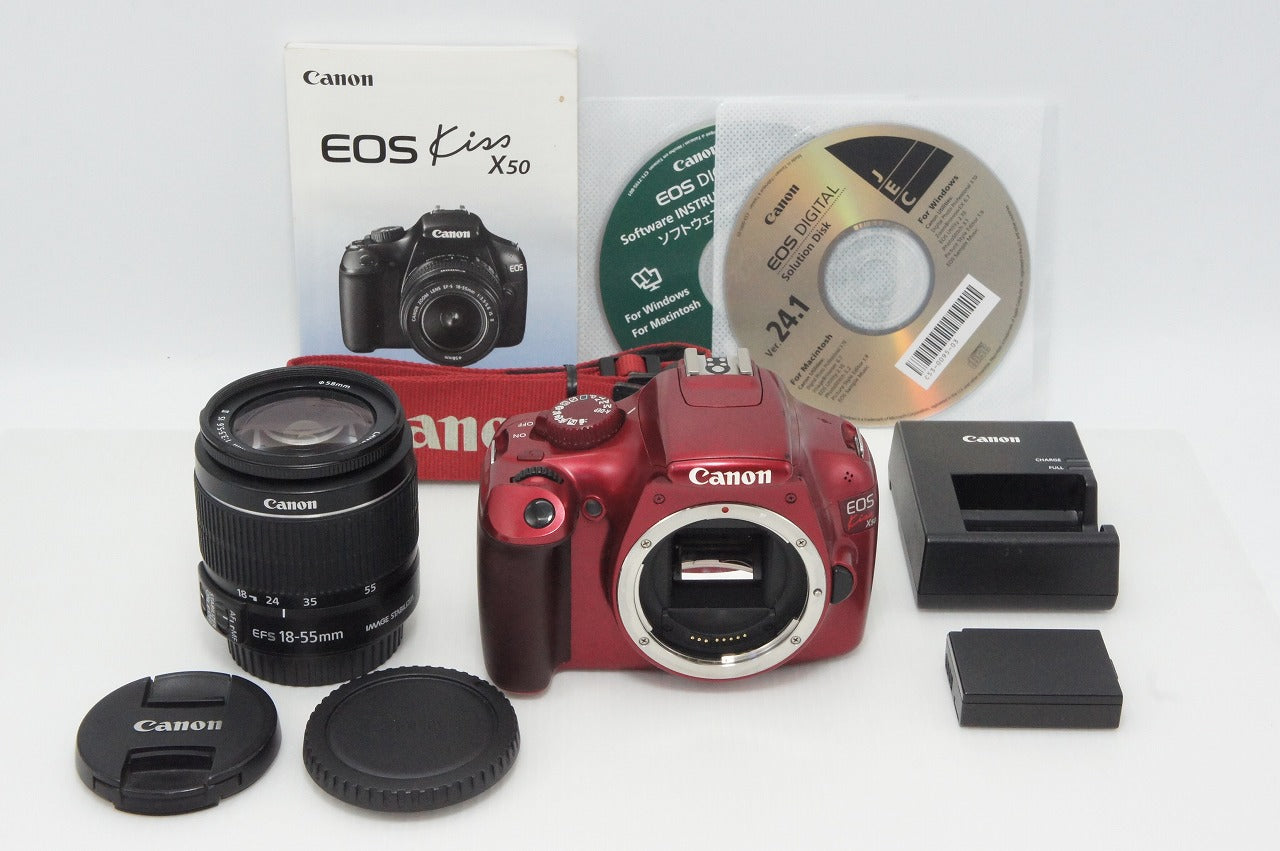 良品 Canon キヤノン EOS Kiss X50 ボディ + EF-S 18-55mm IS II レンズキット デジタル一眼レフカメラ レッド 260521a
