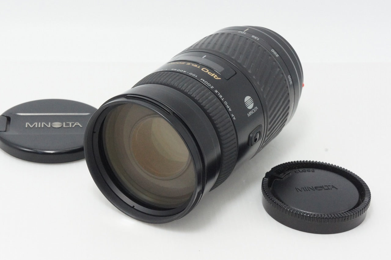 良品 MINOLTA AF APO TELE ZOOM 100-400mm F4.5-6.7 SONY αマウント フルサイズ ズームレンズ フード付 260602b