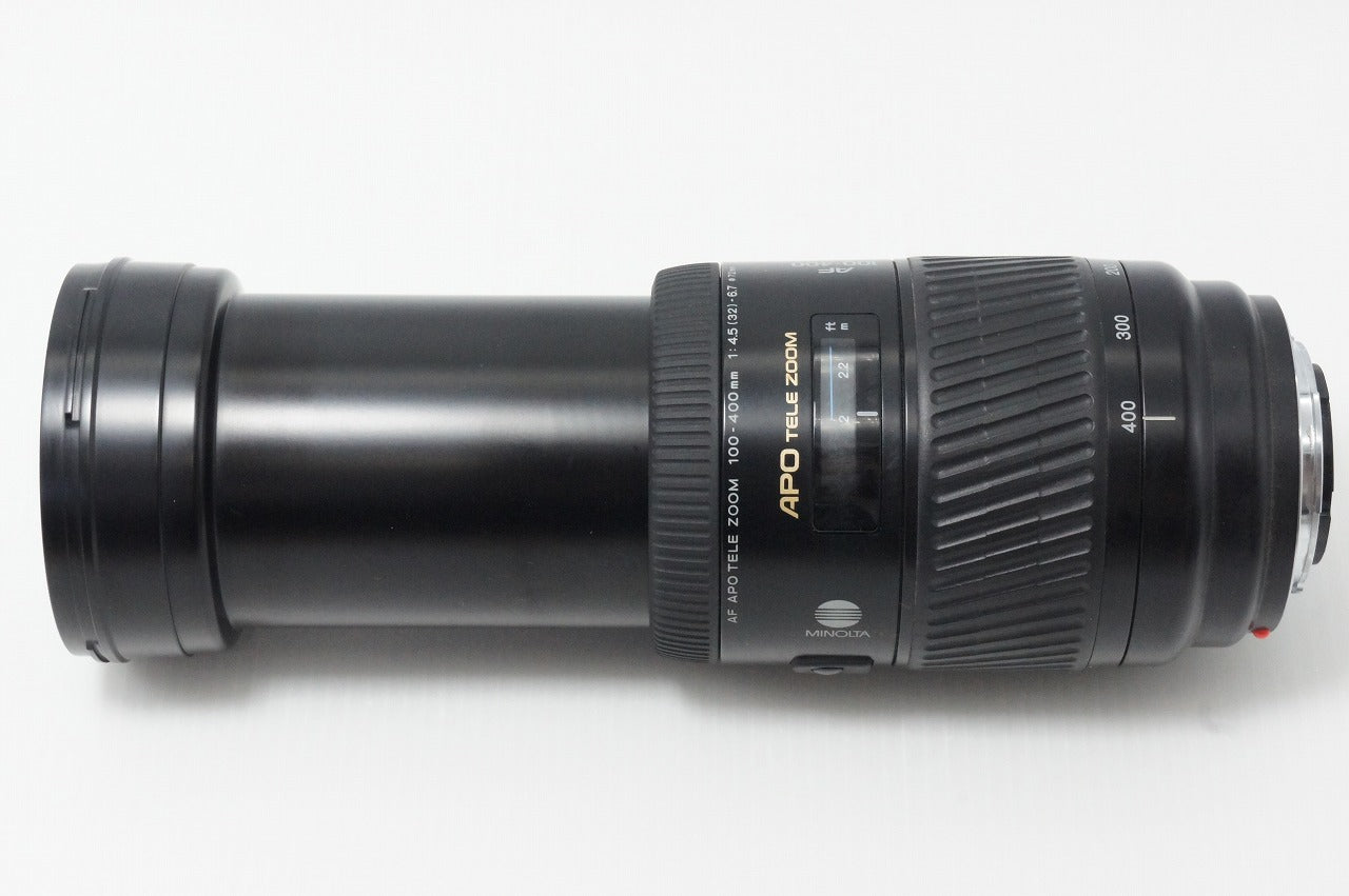 良品 MINOLTA AF APO TELE ZOOM 100-400mm F4.5-6.7 SONY αマウント フルサイズ ズームレンズ フード付 260602b