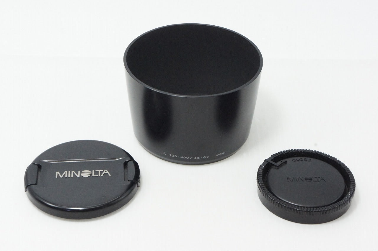 良品 MINOLTA AF APO TELE ZOOM 100-400mm F4.5-6.7 SONY αマウント フルサイズ ズームレンズ フード付 260602b