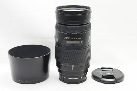 良品 MINOLTA AF APO TELE ZOOM 100-400mm F4.5-6.7 SONY αマウント ズームレンズ フード付 250410m