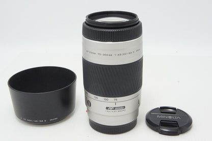 MINOLTA AF ZOOM 75-300mm F4.5-5.6D SONY α Mount Zoom Lens Silver with Hood 260417q