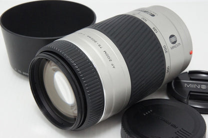 MINOLTA ミノルタ AF ZOOM 75-300mm F4.5-5.6D SONY ソニー αマウント ズームレンズシルバー フード付 260417q