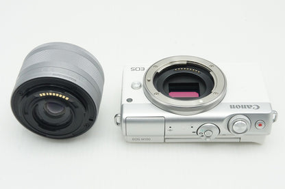 美品 Canon EOS M100 + EF-M 15-45mm IS STM レンズキット ミラーレス一眼カメラ ホワイト ボトムカバー付 260123ar