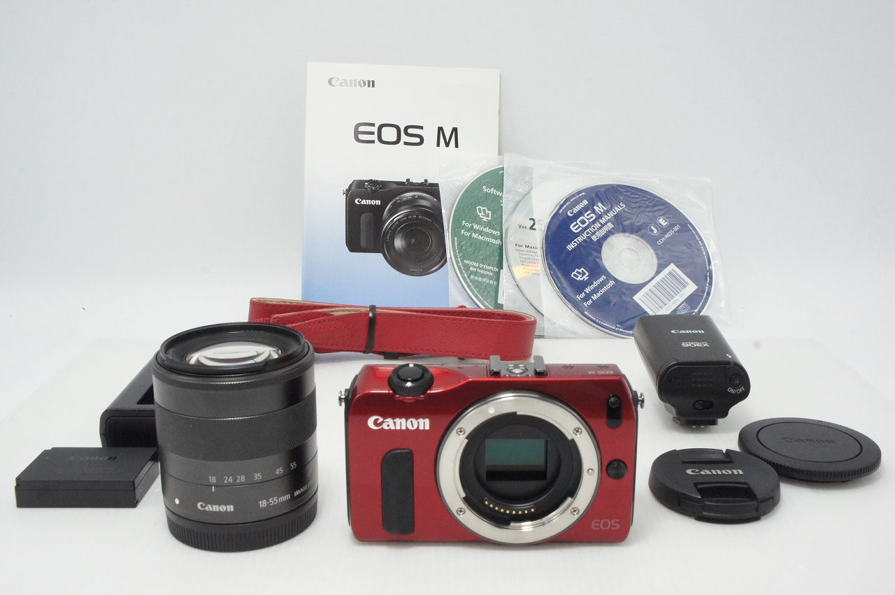美品 Canon EOS M ボディ + EF-M 18-55mm IS STM レンズキット ミラーレス一眼カメラ レッド SPEEDLITE 90EX付 260513al