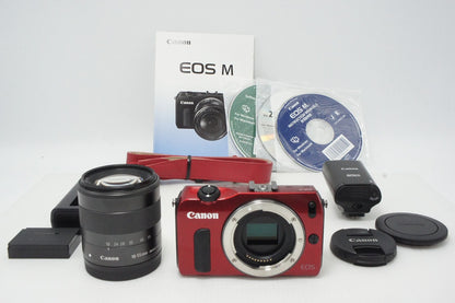 美品 Canon EOS M ボディ + EF-M 18-55mm IS STM レンズキット ミラーレス一眼カメラ レッド SPEEDLITE 90EX付 260513al