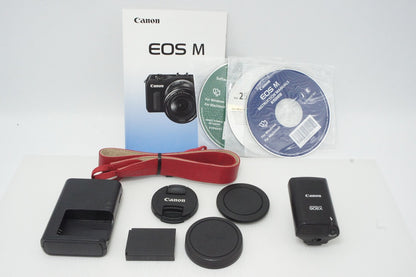 美品 Canon EOS M ボディ + EF-M 18-55mm IS STM レンズキット ミラーレス一眼カメラ レッド SPEEDLITE 90EX付 260513al