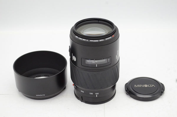 美品 MINOLTA ミノルタ AF 100-300mm F4.5-5.6 SONY αマウント ズームレンズ フード付 240926e